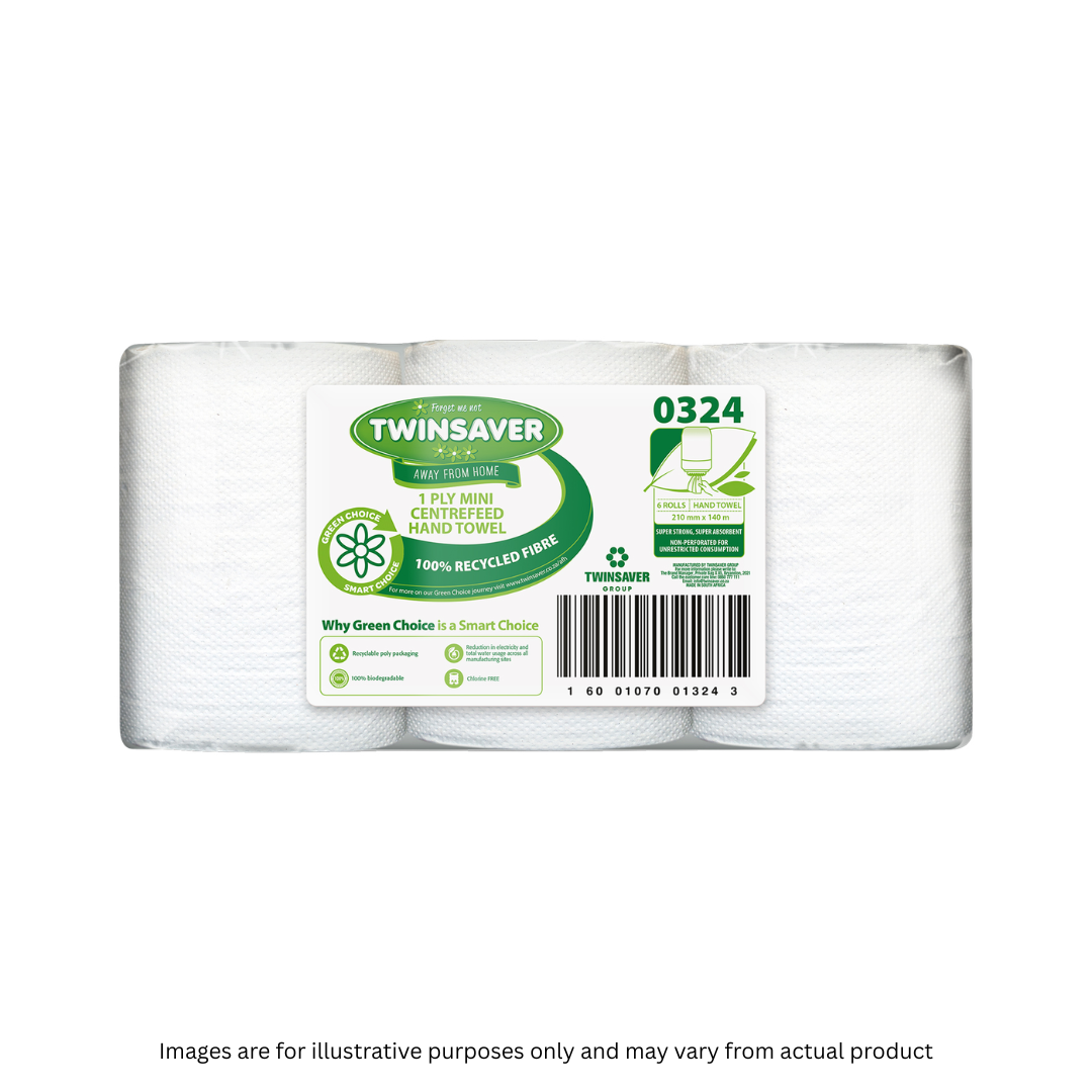 TWINSAVER | 1 PLY MINI CENTREFEED HAND TOWEL X 6 ROLLS (25A) | ITEM CODE: 324-2025
