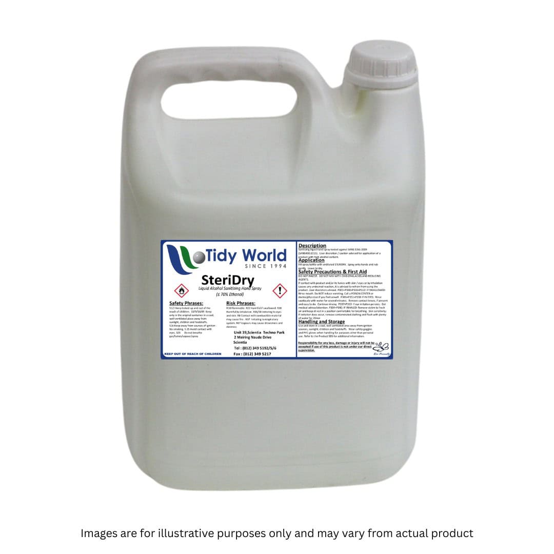 TIDY STERIDRY | 70% ALCOHOL BASED SANITIZING LIQUID HAND SPRAY-5L